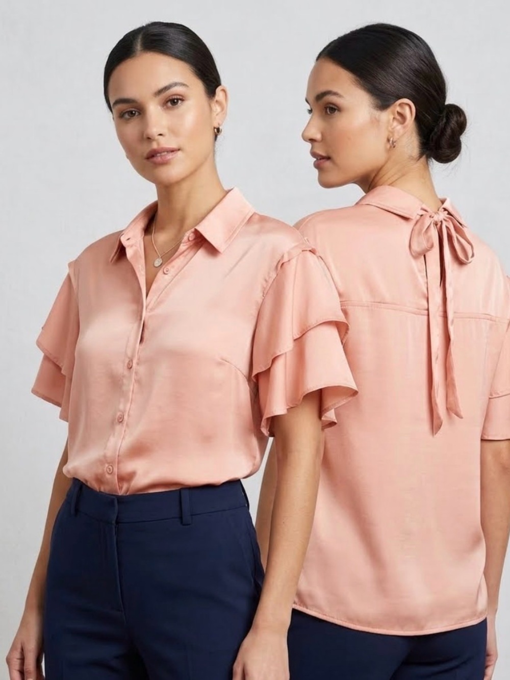 Dear John Short Sleeves Satin Button-Down Tie Back Top Peach Size XS Office